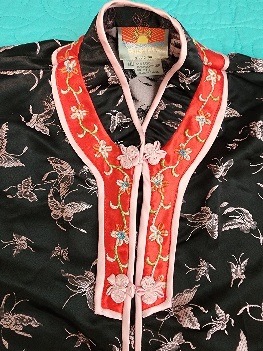 Butterfly And Floral Embroidered Asian-Style Blouse